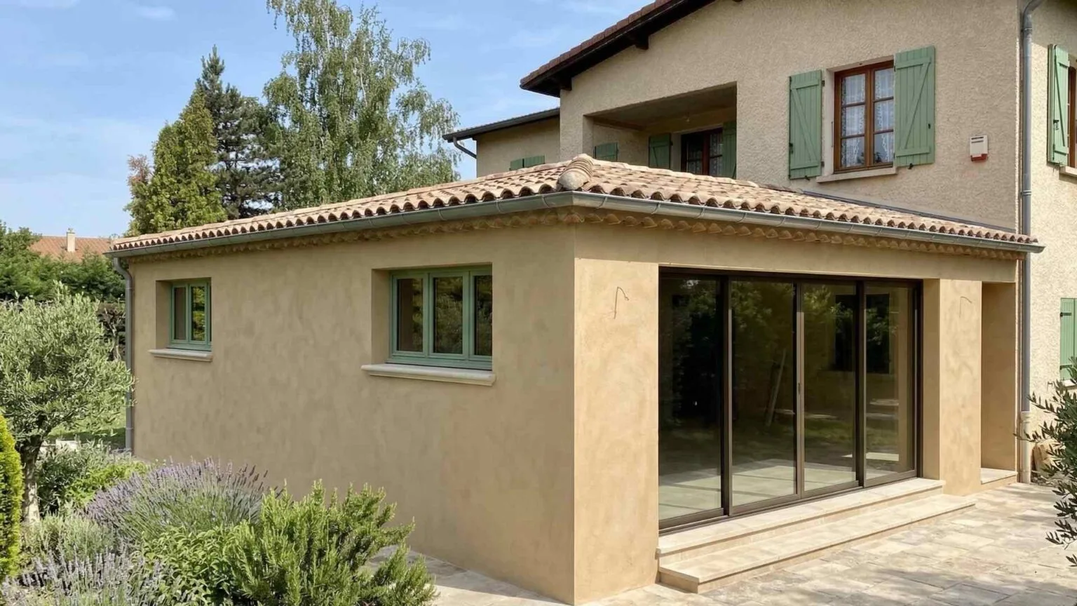 Extension de maison de plain-pied livrée — enduit ton pierre, toiture en tuiles canal et grande baie vitrée · livraison Les Maisons Vertes Provençales
