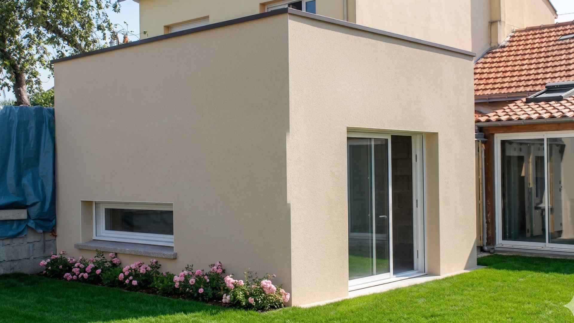 Extension toit plat livrée — étanchéité bitume DTU 43.1 et enduit teinte naturelle · Provence · LMVP