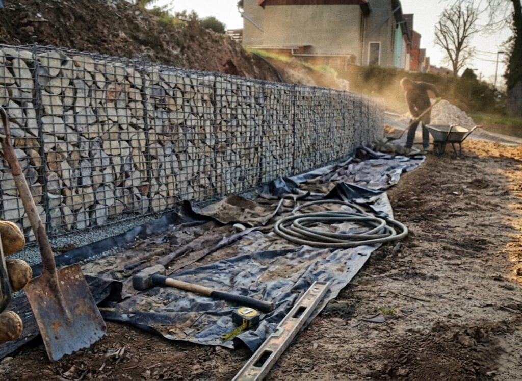 Mur de soutènement en gabion terminé sur un chantier des Maisons Vertes Provençales en Provence