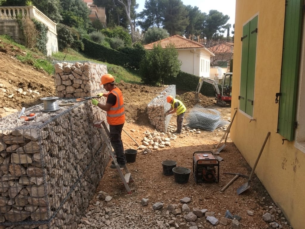 Équipe des Maisons Vertes Provençales remplissant un mur en gabion devant une villa provençale