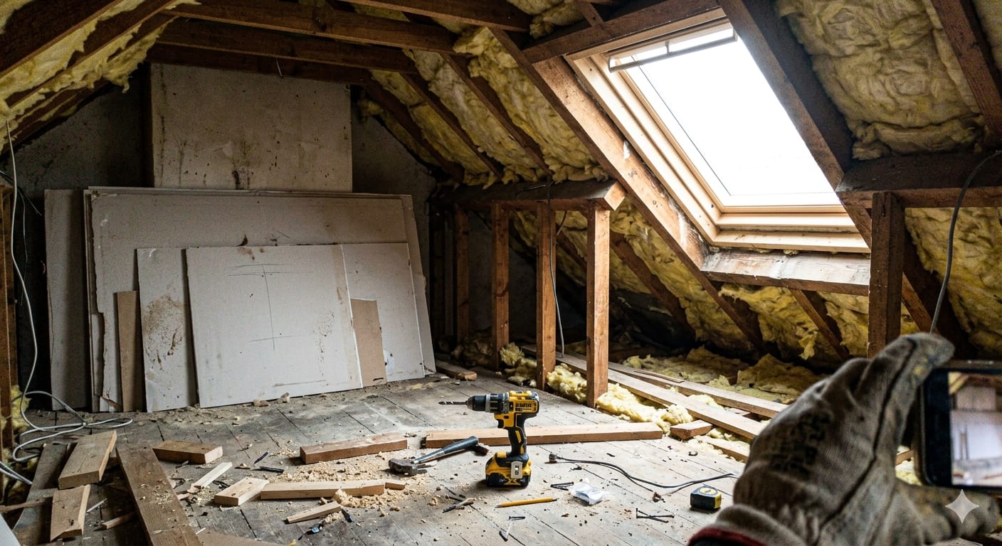 Combles en cours d'aménagement dans une bastide aixoise : isolation entre chevrons et fenêtre de toit