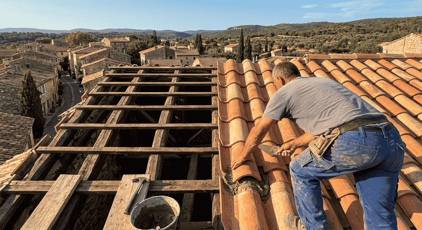 Réfection d'une toiture provençale, charpente bois apparente et couverture en tuile canal en cours de pose
