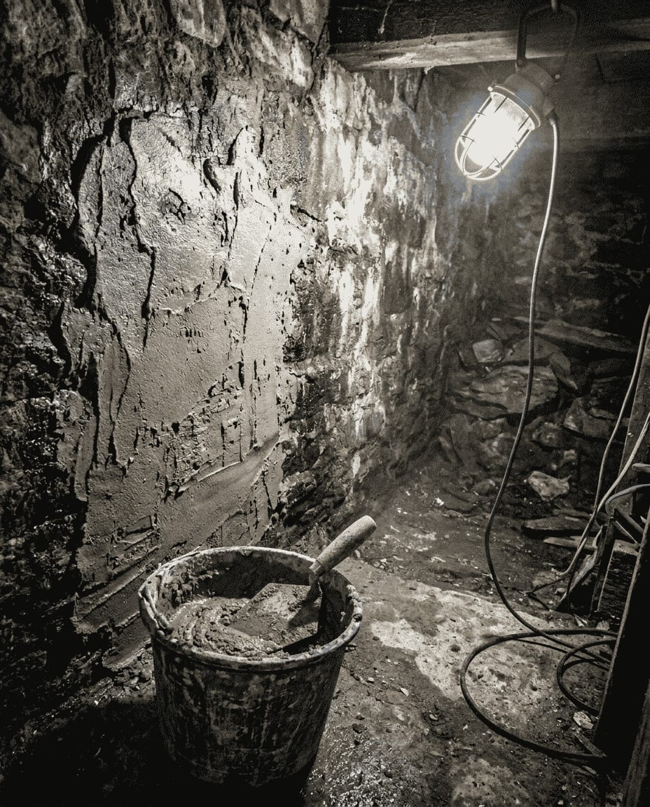 Application au platoir d'un mortier hydrofuge de cuvelage sur une paroi, étanchéité par l'intérieur