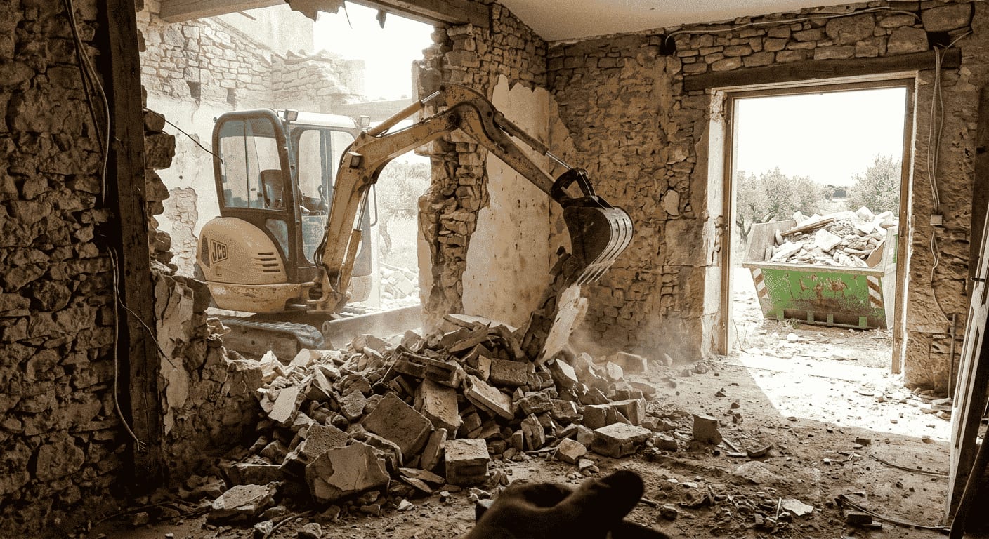 Vue du chantier de démolition-reconstruction d'une villa à Vitrolles, désamiantage SS3 et préparation reconstruction RE2020