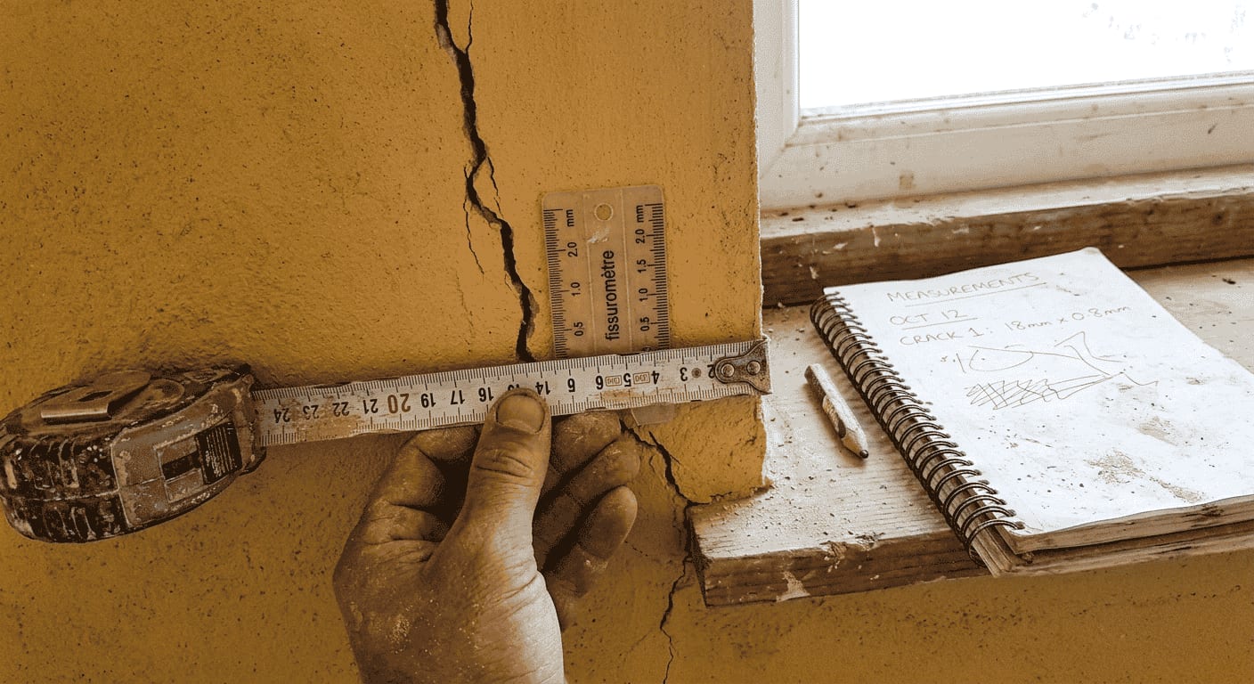 Diagnostic sur site : mesure d'une fissure au fissuromètre par un expert bâtiment à Marseille