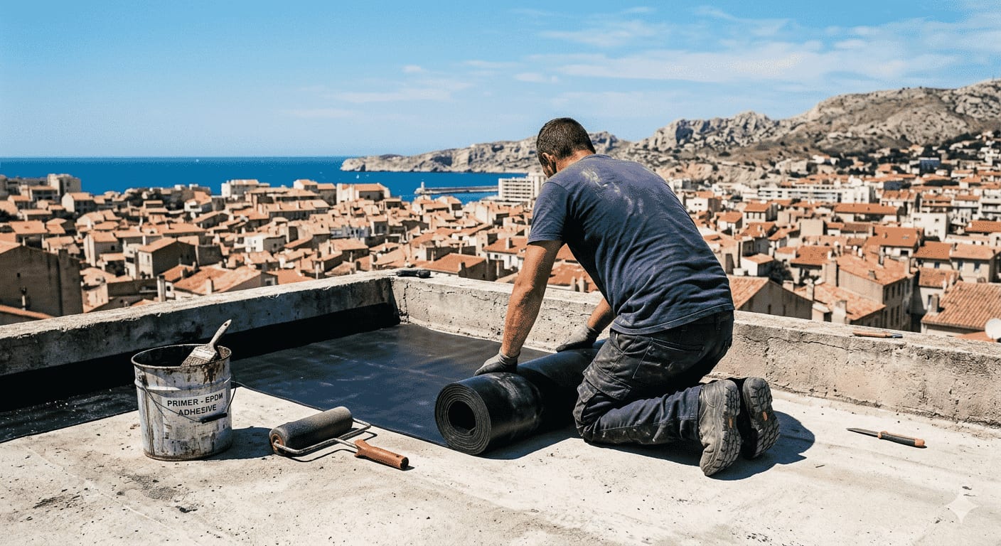 Pose d'une membrane d'étanchéité EPDM sur un toit-terrasse en Provence par Les Maisons Vertes Provençales