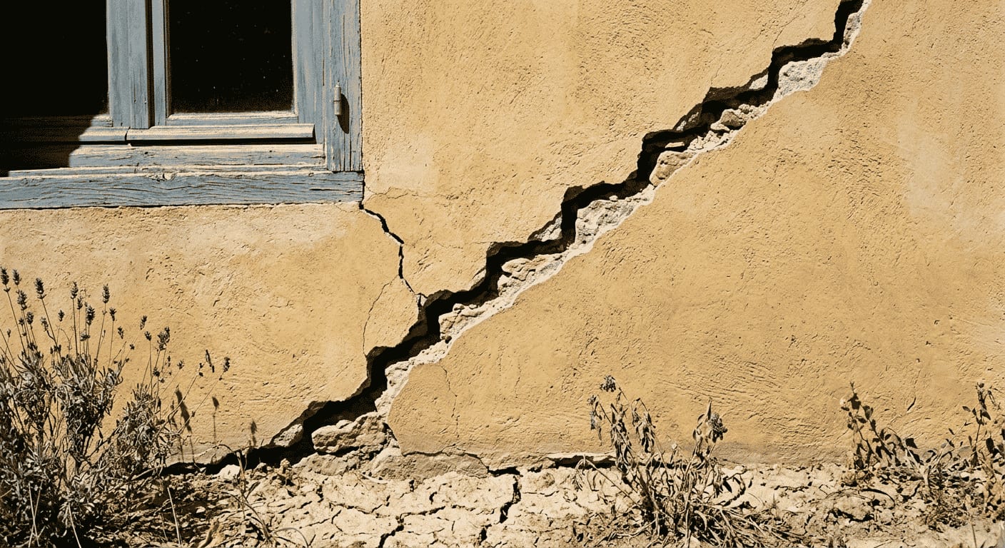 Fissure structurelle en escalier partant de l'angle d'une fenêtre sur façade provençale, sol argileux craquelé par la sécheresse