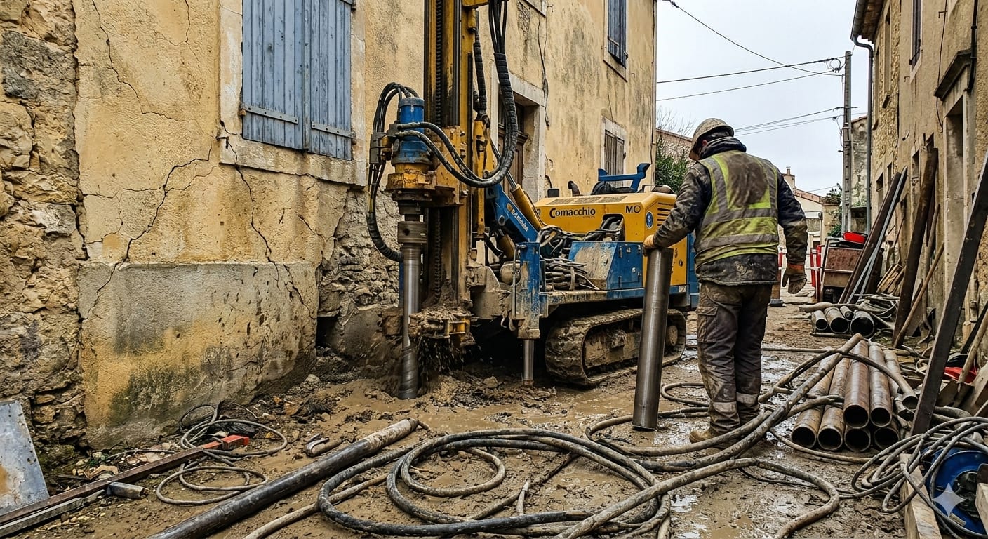 Foreuse à micropieux en action contre la façade d'une villa fissurée, reprise en sous-œuvre en Provence
