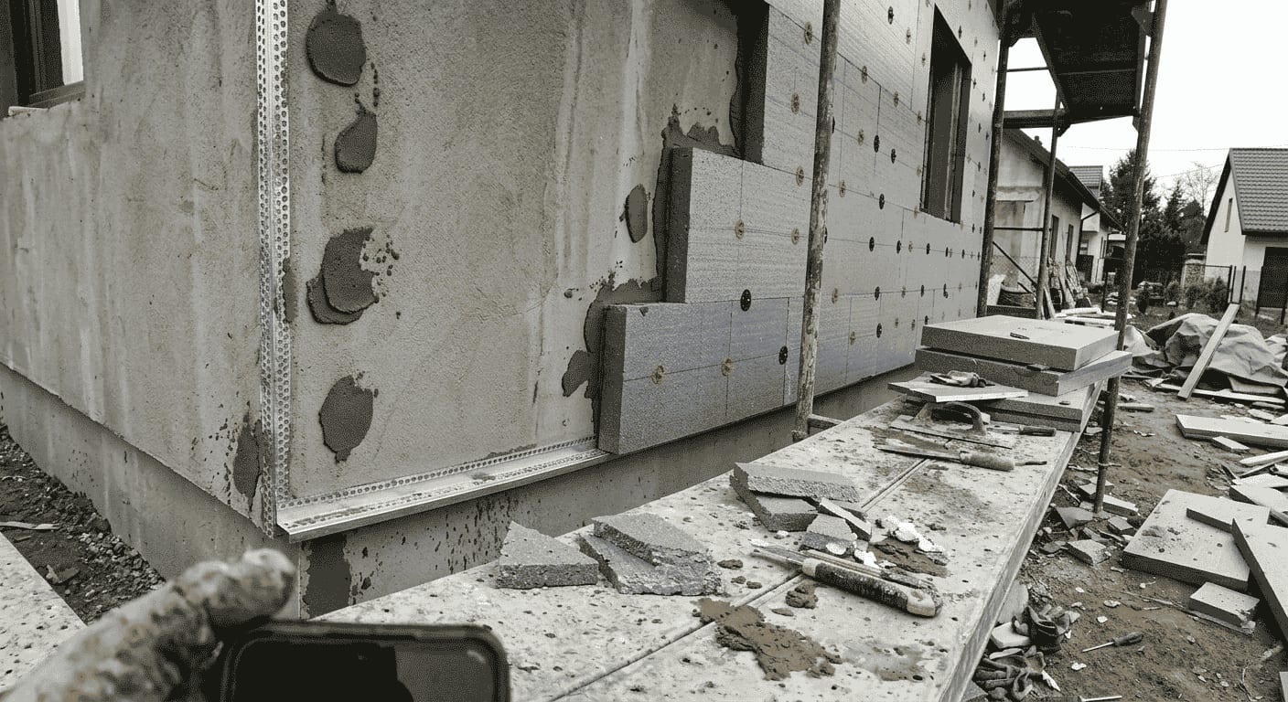Chantier d'ITE en cours sur pavillon marseillais par Les Maisons Vertes Provençales