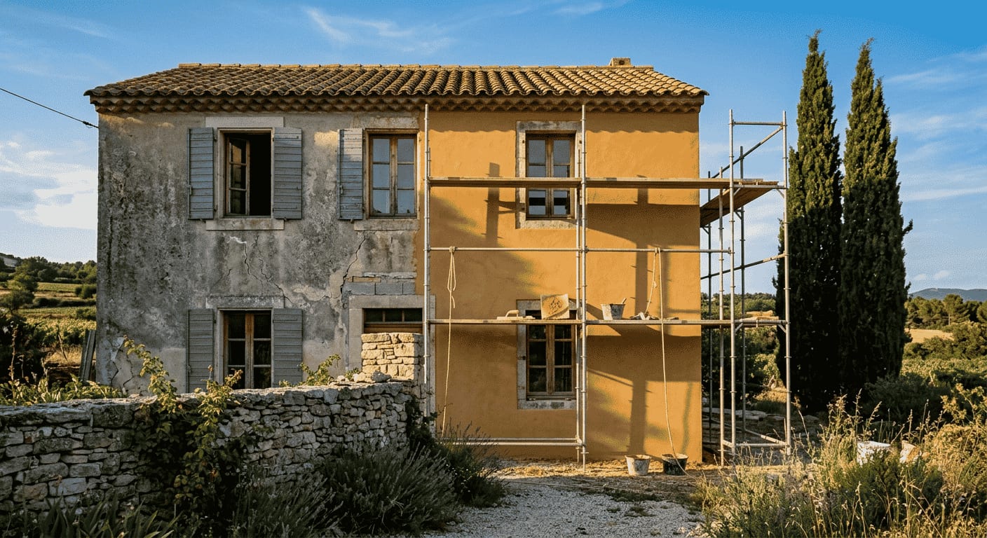 Façade de maison provençale en cours de ravalement, enduit à la chaux fraîchement appliqué sur échafaudage