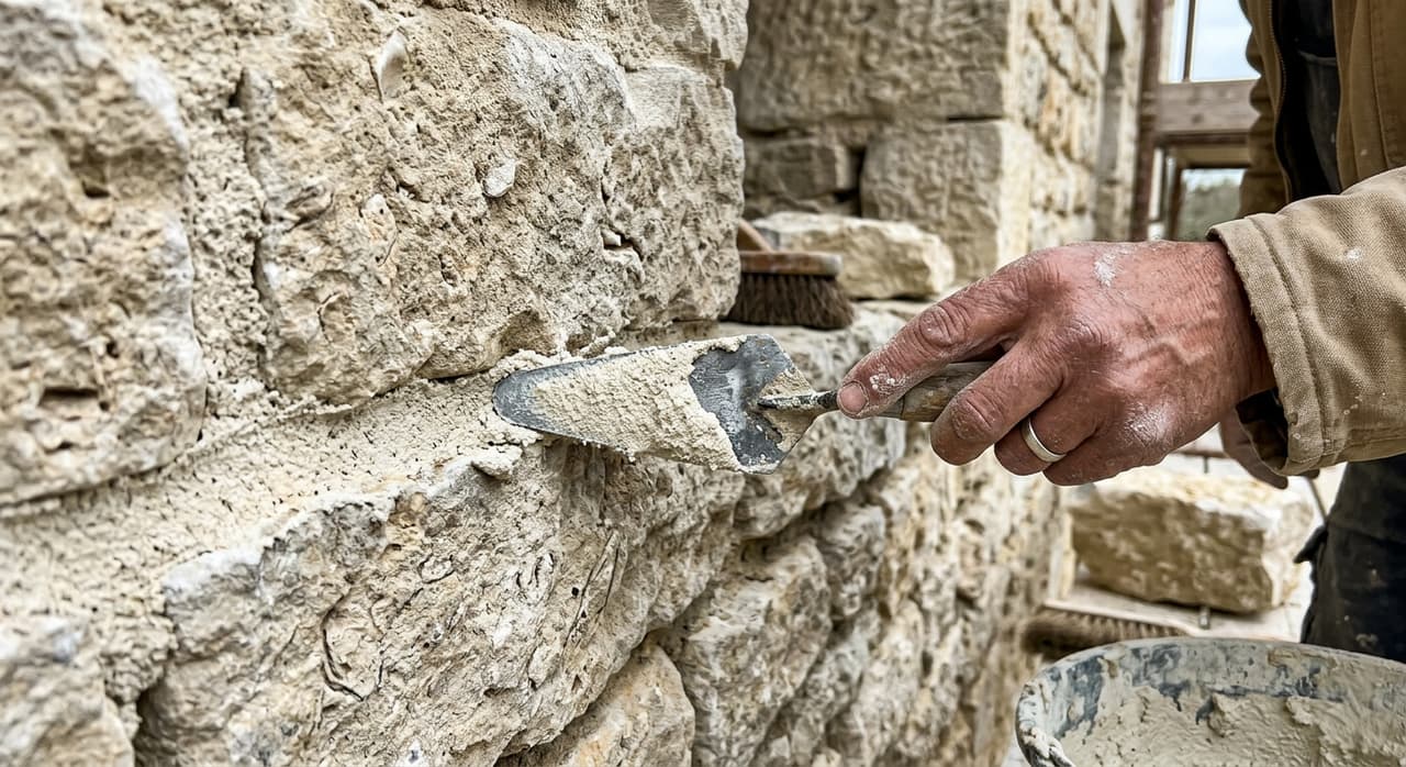 Application d'un mortier de chaux sur un mur en pierre ancienne