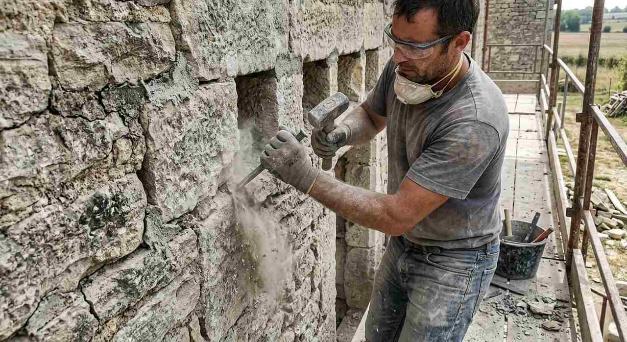 Dégarnissage des joints d'un mur en pierre lors d'une restauration de mas