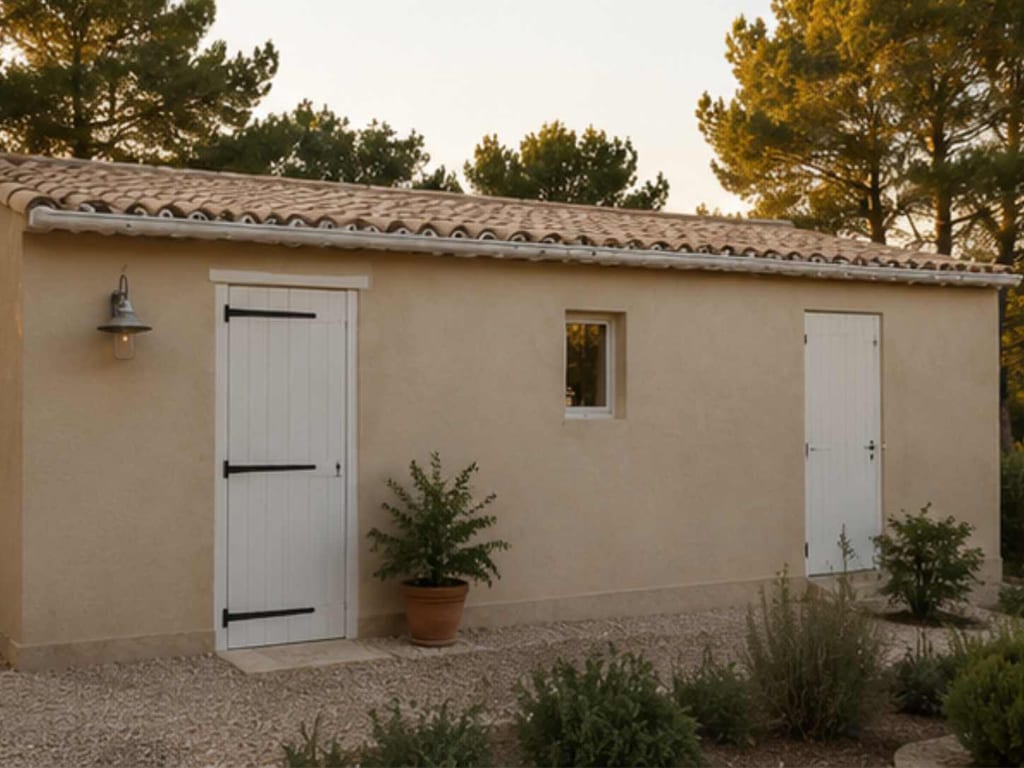 Façade arrière du pool house à Aubagne : enduit chaux ocre, volets blancs du vestiaire-douche et du local technique, couverture tuile canal
