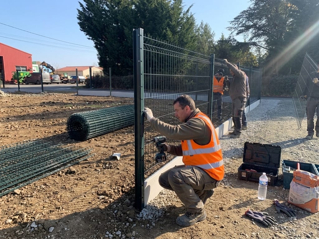 Vissage d'un panneau de grillage rigide anthracite sur poteau et plaque de soubassement béton, chantier Les Maisons Vertes Provençales